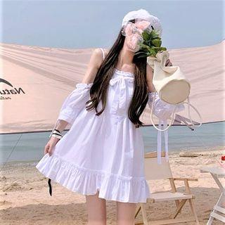 Cold-shoulder Bow Accent Lace Trim Mini Shift Dress