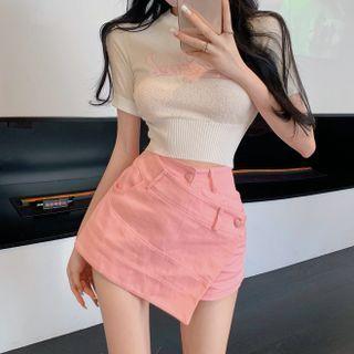Letter Embroidered Knit Crop Top / Mini A-line Skirt
