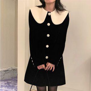 Long-sleeve Contrast Collar Button-up A-line Dress Black - One Size