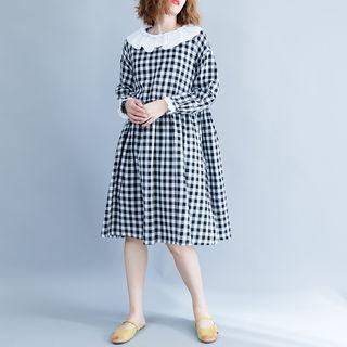 Long-sleeve Ruffled Gingham A-line Dress Black - One Size