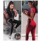 Set: Contrast Trim Short Sleeve Hoodie + Yoga Pants