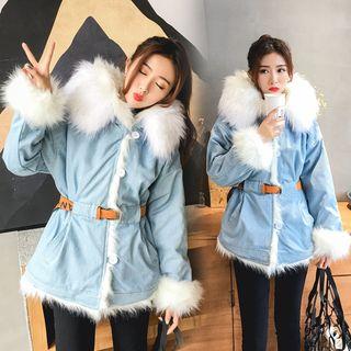 Faux Fur Trim Hooded Denim Coat