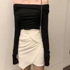 Off-shoulder Long-sleeve T-shirt / Irregular Hem Mini Pencil Skirt
