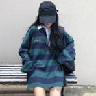 Striped Oversize Collared Long-sleeve T-shirt As Shown In Figure - One Size