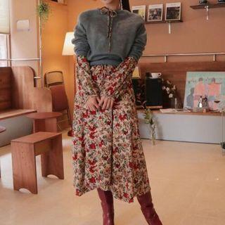 Plain Sweater / Floral Long-sleeve Midi A-line Dress