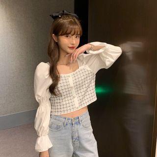 Square-neck Plaid Knit Blouse