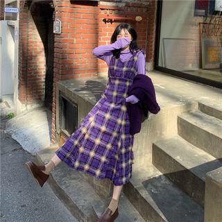 Long-sleeve Mock Neck Plain Top / Sleeveless Tie Strap Plaid Dress