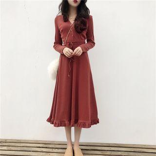 V-neck Long-sleeve Midi A-line Dress