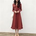 V-neck Long-sleeve Midi A-line Dress