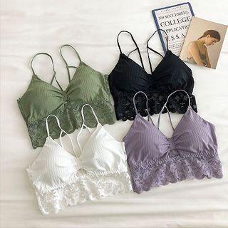 Plain V-neck Lace-trim Strap Top