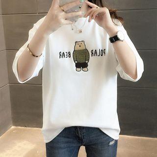 3/4-sleeve Bear Embroidered T-shirt