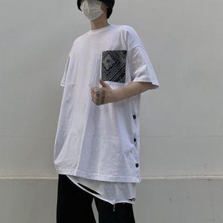 Pattern Print Panel Plain Short-sleeve T-shirt