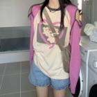 Long-sleeve Bear Print Raglan T-shirt Bear Print - Pinkish Purple - One Size