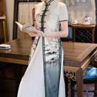 Set: Printed Slit Midi Cheongsam + Sleeveless A-line Midi Dress