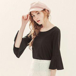 Elbow-sleeve Bell-sleeve Loose-fit Crewneck Plain T-shirt