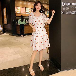 Strawberry Embroidered Elbow-sleeve A-line Dress As Shown In Figure - One Size