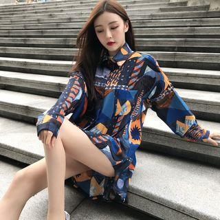 Printed Long-sleeve Oversize Button-down Shirt As Shown In Figure - One Size