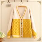 Color-block Cable-knit Long-sleeve Cardigan