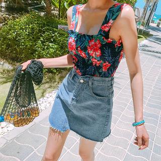 Fray-hem Asymmetric Denim A-line Miniskirt