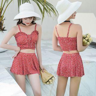 Set: Frill Trim Patterned Swim Top + Swim Skirt