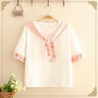 Floral Embroidered Inset Scarf Short-sleeve Tee