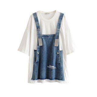 Elbow-sleeve Denim Panel Mini T-shirt Dress