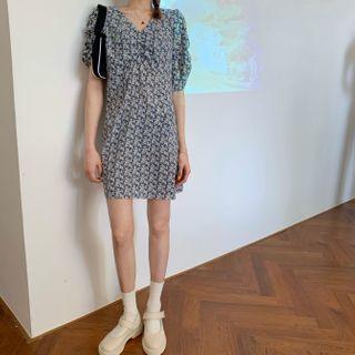 Floral Print Ruched Puff-sleeve Mini A-line Dress Floral - Blue - One Size