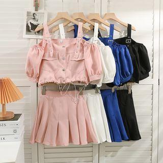 Set: Details Button-up Crop Top + Pleated Mini Skirt