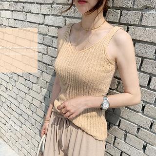 V-neck Rib Knit Tank Top Beige - One Size