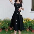 Short-sleeve Square-neck Buttoned A-line Midi Dress