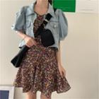 Puff-sleeve Denim Jacket / Floral Print Spaghetti-strap Mini A-line Dress