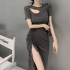 Short-sleeve Cutout Drawstring Midi Dress
