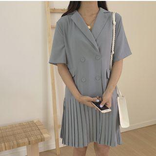 Plain Double Breasted Pleated Midi Dress