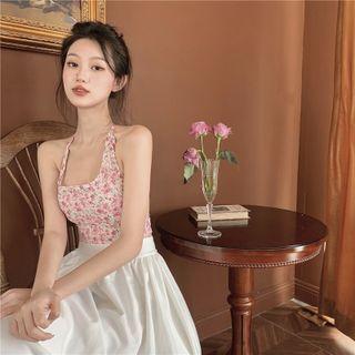 Halter Open-back Floral Print Camisole Top Floral - Pink - One Size