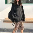 Plain Hoodie / Leopard Print Midi H-line Skirt