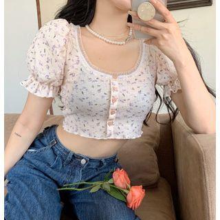 Short-sleeve Floral Print Cropped Top Floral - One Size