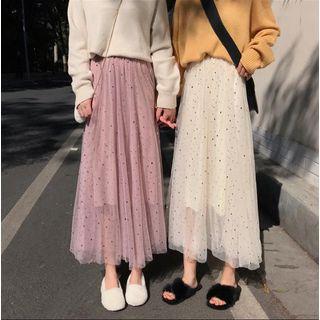 Star Patterned Mesh A-line Midi Skirt
