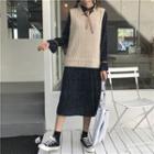 Dotted Long Sleeve Midi Dress / Plain Knit Vest