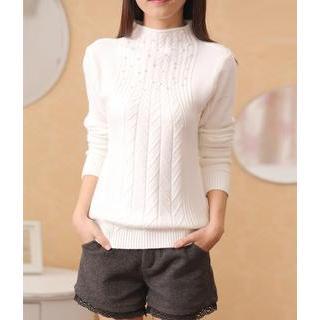 Faux Pearl Mock Neck Sweater