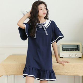 Elbow-sleeve Ruffled Dress Navy Blue - One Size
