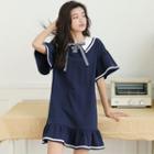 Elbow-sleeve Ruffled Dress Navy Blue - One Size