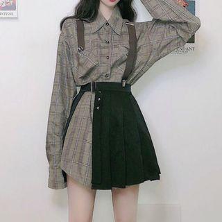 Plaid Mini Shirt Dress / Side-slit Mini A-line Skirt