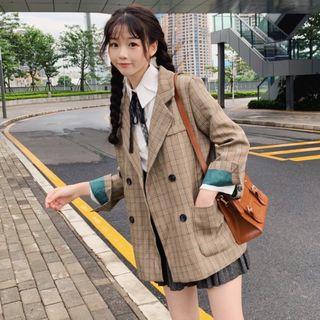 Plaid Double-breasted Blazer / Tie-neck Shirt