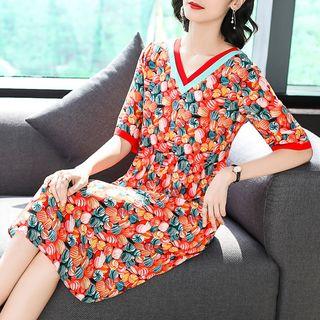 Print Short-sleeve V-neck Silk Dress