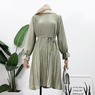 Ruffled-trim Pleated Midi Dress With Sash