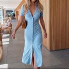 Short Sleeve V-neck Button-up Long Dress
