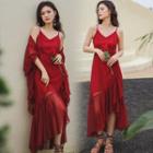 Set: Spaghetti Strap Mesh Panel Midi Dress + Cover-up