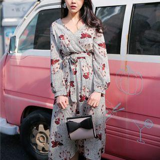 Gathered-waist Long-sleeved Floral Print A-line V-neck Long Sheath Dress