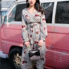 Gathered-waist Long-sleeved Floral Print A-line V-neck Long Sheath Dress