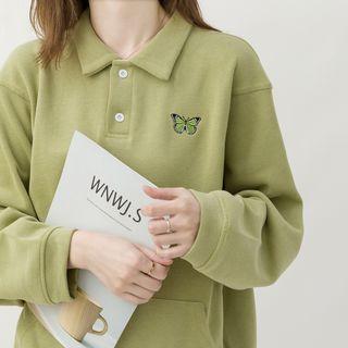 Butterfly Embroidered Long-sleeve Polo Shirt